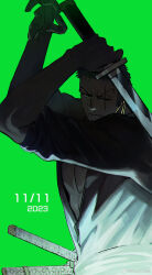Rule 34 | 1boy, birthday, dated, green background, green hair, green theme, highres, holding, holding sword, holding weapon, japanese clothes, kimono, looking at viewer, male focus, mcbuckwheat, one piece, open clothes, open kimono, pectoral cleavage, pectorals, roronoa zoro, scar, scar across eye, short hair, smirk, solo, sword, sword in front of face, upper body, weapon