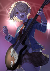 Rule 34 | 1girl, absurdres, blazer, blonde hair, collared shirt, electric guitar, guitar, hair ornament, hair over one eye, hairclip, heaven burns red, highres, holding, holding instrument, holding plectrum, instrument, jacket, kayamori ruka, long sleeves, looking to the side, music, necktie, nil (pixiv 53614557), open mouth, orange eyes, plaid, plaid skirt, playing instrument, plectrum, school uniform, shirt, skirt, smile, solo, stage lights