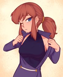 Rule 34 | 1girl, a hat in time, aged up, alternate costume, blue eyes, breasts, brown hair, collarbone, hat adult, hat kid, highres, long sleeves, looking at viewer, medium breasts, one eye closed, short hair, short ponytail, sidelocks, solo, sweat, swept bangs, xyronii