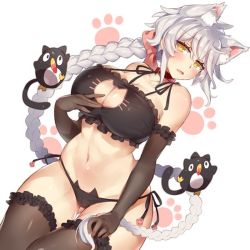 Rule 34 | 1girl, animal ears, asymmetrical hair, bad id, bad twitter id, bare shoulders, black bra, black gloves, black panties, black thighhighs, blush, bow, bra, braid, breasts, cat cutout, cat ears, cat tail, cleavage, cleavage cutout, clothing cutout, collar, collarbone, elbow gloves, failure penguin, fang, frilled bra, frilled gloves, frilled thighhighs, frills, gem, gloves, hair bow, hip focus, jitome, kantai collection, large breasts, long hair, meme attire, navel, open mouth, panties, paw print, pink bow, pokoten (pokoten718), side-tie panties, silver hair, single braid, swept bangs, tail, thighhighs, thighs, underwear, unryuu (kancolle), very long hair, wavy hair, white background, yellow eyes
