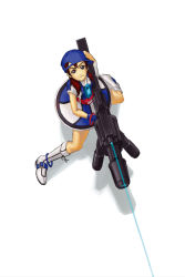 Rule 34 | 1girl, ai (snk), baseball cap, baseball uniform, blue eyes, boots, brown hair, dress, female focus, from above, gun, hat, highres, huge weapon, knee boots, laser sight, looking up, neo geo battle coliseum, neo geo pocket color, short twintails, snk, solo, sportswear, twintails, weapon, white background
