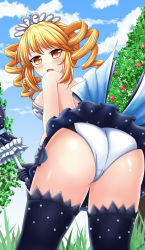 Rule 34 | 1girl, aisha (king&#039;s raid), artist request, ass, bare shoulders, blonde hair, blush, breasts, brown eyes, crown, dress, drill hair, from behind, from below, gloves, highres, huge ass, king&#039;s raid, large breasts, looking at viewer, open mouth, panties, shiny skin, sideboob, skirt, smile, solo, thighhighs, twin drills, umbrella, underwear, upskirt