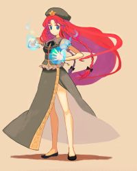 Rule 34 | 1girl, blue eyes, braid, china dress, chinese clothes, dress, female focus, full body, hat, hong meiling, immaterial and missing power, jean (jean sp), long hair, red hair, simple background, solo, standing, touhou, twin braids, very long hair