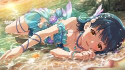 Rule 34 | 1girl, beach, bikini, blue hair, breasts, cleavage, earrings, game cg, hair ornament, idolmaster, idolmaster million live!, idolmaster million live! theater days, jewelry, medium breasts, nanao yuriko, official art, open mouth, shell, solo, swimsuit, water, wristband, yellow eyes