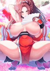 Rule 34 | 1girl, absurdres, armpits, arms behind head, breasts, fan, fatal fury, highres, large breasts, nipples, pale rider (paleriderz), ponytail, shiranui mai, smile, solo, spread legs, squatting
