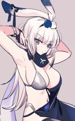 Rule 34 | 1girl, adjusting hair, animal ears, arm up, armpits, bikini, black bow, black scarf, bow, breasts, cleavage, closed mouth, commentary request, cowboy shot, ear bow, frown, grey background, grey bikini, half-dress, highres, kaavi, kashii kaoru, large breasts, long hair, looking at viewer, mahjong soul, medium bangs, navel, pom pom (clothes), rabbit ears, scarf, simple background, solo, swimsuit, white hair, yellow eyes