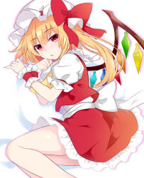 1girl ascot blonde_hair blush crystal flandre_scarlet frills hat hat_ribbon highres looking_at_viewer lying mob_cap open_mouth puffy_short_sleeves puffy_sleeves red_eyes red_ribbon red_skirt red_vest ribbon shirt short_hair short_sleeves side_ponytail simple_background skirt skirt_set solo tanaka_shoushou_fumimaro touhou vest white_background white_shirt wings wrist_cuffs yellow_ascot