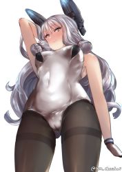 Rule 34 | 1girl, bad id, bad twitter id, black pantyhose, blush, breasts, from below, gloves, hair ornament, juurouta, kantai collection, long hair, looking at viewer, medium breasts, murakumo (kancolle), one-hour drawing challenge, one-piece swimsuit, pantyhose, pantyhose under swimsuit, school swimsuit, silver hair, simple background, solo, swimsuit, twintails, twitter username, very long hair, white background, white gloves, white one-piece swimsuit, yellow eyes