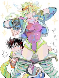 Rule 34 | 2girls, armored gloves, bad drawr id, bad id, battle tendency, beads, black hair, blonde hair, blue eyes, blue gloves, blue jacket, breasts, caesar anthonio zeppeli, clothing cutout, covered navel, covering own mouth, fingerless gloves, genderswap, genderswap (mtf), gloves, green eyes, green pants, hairband, hands up, heart stickers, jacket, jojo no kimyou na bouken, joseph joestar, joseph joestar (young), leotard, long hair, long sleeves, looking at viewer, looking to the side, mcr, multiple girls, navel cutout, oekaki, pants, partially undressed, purple leotard, scarf, short hair, small breasts, sparkle, standing, star (symbol), striped clothes, striped pants, thighs, undressing, white background, white wings, winged hat, wings, yellow scarf, yuri, zipper, zipper pull tab