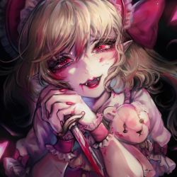 Rule 34 | 1girl, :d, ascot, black background, blonde hair, blood, blood on face, bloody knife, blush, bow, bright pupils, crystal, dark background, eyebrows hidden by hair, eyelashes, fangs, flandre scarlet, frilled shirt collar, frills, hair between eyes, hair bow, hands up, hat, highres, holding, holding knife, knife, kyogoku-uru, lips, long hair, looking at viewer, multicolored hair, nail polish, nostrils, open mouth, own hands clasped, own hands together, pink nails, pointy ears, puffy short sleeves, puffy sleeves, red bow, red eyes, short sleeves, simple background, smile, solo, streaked hair, stuffed animal, stuffed toy, swept bangs, tearing up, teddy bear, teeth, touhou, upper body, vampire, wings, wrist cuffs, yellow ascot