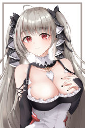 Rule 34 | 1girl, absurdres, ahoge, azur lane, bare shoulders, black nails, border, breasts, cleavage, detached collar, dress, formidable (azur lane), frilled dress, frills, grey border, hair ribbon, hand on own chest, highres, large breasts, long hair, looking at viewer, nail polish, red eyes, ribbon, silver hair, simple background, smile, solo, su901, tareme, twintails, two-tone dress, two-tone ribbon, upper body, white background
