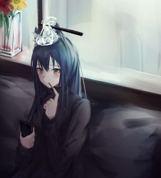 Rule 34 | 0 (znanimo), 1girl, absurdres, arknights, bag on head, black hair, blush, cellphone, couch, eating, flower, food, food in mouth, hair between eyes, hand up, highres, holding, holding phone, indoors, long hair, mouth hold, phone, pocky, red flower, sitting, smartphone, solo, sweatdrop, texas (arknights), upper body, vase, window, windowsill, yellow eyes, yellow flower