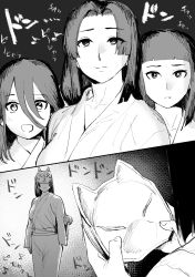 Rule 34 | 3girls, blunt bangs, breasts, closed mouth, collarbone, eyes visible through hair, greyscale, highres, holding, ichiren takushou, japanese clothes, kimono, looking at viewer, mask, masked, mature female, monochrome, mother and daughter, multiple girls, open mouth, original, parted bangs, simple background, smile, sound effects, wide sleeves