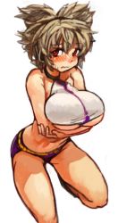 Rule 34 | 1girl, adapted costume, bikini, blush, breast hold, breasts, brown hair, earmuffs, large breasts, legs folded, looking at viewer, navel, perky breasts, red eyes, sachito, short hair, simple background, sketch, solo, swimsuit, thick thighs, thighs, touhou, toyosatomimi no miko, underboob, wavy mouth, white background