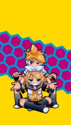 Rule 34 | 1boy, 1girl, arms up, behind another, black leg warmers, black shorts, blonde hair, blue eyes, blush, bow, brother and sister, clenched teeth, commentary request, grin, hair bow, hair ornament, hairclip, half-closed eyes, headphones, honeycomb (pattern), honeycomb background, ikki (inferiorin), indian style, kagamine len, kagamine rin, looking at viewer, midriff, multicolored background, navel, open hands, purple background, scowl, shirt, shoes, short hair, short sleeves, shorts, siblings, sitting, sleeveless, sleeveless shirt, smile, spiked hair, straight-on, sumo, swept bangs, teeth, uneven eyes, v-shaped eyebrows, vocaloid, white bow, white footwear, white shirt, yellow background, yellow nails