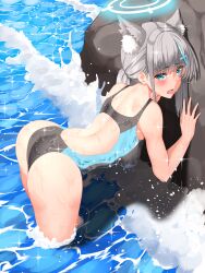 Rule 34 | 1girl, absurdres, animal ear fluff, animal ears, ass, black one-piece swimsuit, blue archive, blue eyes, breasts, competition swimsuit, cross hair ornament, extra ears, grey hair, hair ornament, halo, highres, low ponytail, medium breasts, medium hair, mismatched pupils, multicolored clothes, multicolored swimsuit, official alternate costume, one-piece swimsuit, rock, shiroko (blue archive), shiroko (swimsuit) (blue archive), solo, swimsuit, theory (oortcloud1111), wading, water, waves, wolf ears