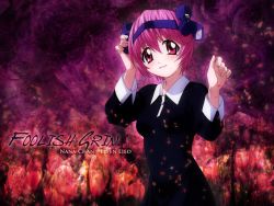 Rule 34 | 1girl, blue ribbon, blush, character name, copyright name, dress, elfen lied, flower, hair ribbon, horns, looking at viewer, monster girl, nana (elfen lied), open mouth, pink eyes, pink hair, ribbon, smile, solo