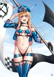 Rule 34 | 1girl, aircraft, airplane, artist logo, azur lane, baltimore (azur lane), baltimore (azur lane) (cosplay), baltimore (finish line flagbearer) (azur lane), barbell piercing, bikini, black gloves, blonde hair, blue bikini, blue hat, blue jacket, blue sky, blue thighhighs, breasts, chest harness, cloud, commentary request, contrail, cosplay, cowboy shot, cropped jacket, ear piercing, finalcake, flag, gloves, gluteal fold, harness, hat, highleg, highleg bikini, highres, holding, holding pole, industrial piercing, jacket, kitagawa marin, logo, long hair, looking at viewer, medium breasts, mismatched bikini, navel, peaked cap, piercing, pole, race queen, salute, single glove, sky, smile, solo, sono bisque doll wa koi wo suru, swimsuit, thigh gap, thighhighs