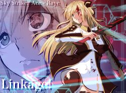 Rule 34 | 1girl, blonde hair, blood, brown necktie, collared dress, dress, duel monster, fumio (fumifumi), green eyes, heterochromia, highres, holding, holding sword, holding weapon, long hair, long sleeves, necktie, red eyes, sky striker ace - raye, solo, sword, thighhighs, torn clothes, two-tone dress, weapon, yu-gi-oh!