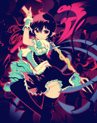 Rule 34 | 1girl, abstract background, absurdres, ahoge, arm above head, ass, asymmetrical wings, black dress, black hair, black thighhighs, breasts, center frills, closed mouth, commentary request, dark background, dress, feet out of frame, frills, from side, graphite (medium), hair between eyes, highres, holding, holding polearm, holding weapon, houjuu nue, ichizen (o tori), long hair, medium breasts, outline, petticoat, pinky out, pointy ears, polearm, red eyes, red outline, short sleeves, smile, solo, standing, standing on one leg, thighhighs, touhou, traditional media, trident, weapon, wide sleeves, wings, wrist cuffs