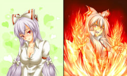 Rule 34 | 1girl, angry, blue hair, blush, bow, breasts, cleavage, collarbone, comparison, d:, d:&lt;, dress shirt, female focus, fiery background, fire, frown, fujiwara no mokou, green background, hair bow, hair ribbon, head tilt, impossible clothes, impossible shirt, large breasts, light purple hair, looking at viewer, open mouth, red background, red eyes, ribbon, seven star, shirt, suspenders, tearing up, tears, touhou, upper body, v-shaped eyebrows, wavy mouth, white hair, white shirt