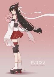Rule 34 | 1girl, black hair, bouquet, character name, commentary request, detached sleeves, floral print, flower, full body, fusou (kancolle), fusou kai ni (kancolle), hair ornament, headband, headgear, japanese clothes, kantai collection, long hair, looking at viewer, nao (nao eg), pink background, platform footwear, pleated skirt, red eyes, red skirt, skirt, solo, standing