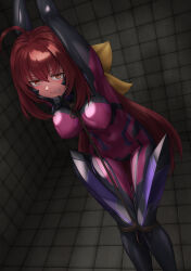 Rule 34 | 1girl, ahoge, arms up, bdsm, blush, bodysuit, bondage, bound, bound arms, bound knees, bound legs, bound wrists, bow, covered erect nipples, covered navel, fortified suit, frown, highres, impossible bodysuit, impossible clothes, kagami sumika, kurione (zassou), long hair, looking at viewer, low ponytail, muv-luv, muv-luv alternative, pilot suit, pink bodysuit, red eyes, red hair, restrained, rope, shibari, skin tight, solo, standing restraints, sweat, upright restraints, yellow bow