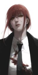 Rule 34 | 1girl, absurdres, black jacket, black necktie, blood, blood on clothes, blood on face, chainsaw man, closed mouth, collared shirt, expressionless, highres, jacket, looking at viewer, makima (chainsaw man), necktie, red hair, ringed eyes, shirt, solo, solraka, white shirt, yellow eyes