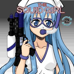 Rule 34 | 1girl, blue hair, english text, gun, ikamusume, lowres, parody, shinryaku! ikamusume, solo, terminator (series), the terminator, water gun, weapon