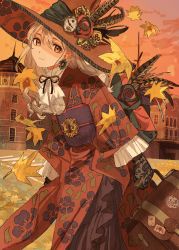 Rule 34 | 1girl, absurdres, autumn, autumn leaves, brown eyes, brown feathers, brown gloves, brown hair, buchi (qooo003), building, closed mouth, commentary request, feathers, flower, frilled sleeves, frills, gloves, hair between eyes, hat, hat feather, hat flower, highres, holding, japanese clothes, kimono, lace, lace gloves, leaf, long hair, long sleeves, maple leaf, obi, original, outdoors, red flower, red hat, red kimono, red rose, ringlets, rose, sash, smile, solo, sunset, window, witch, witch hat