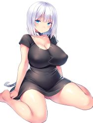 Rule 34 | 1girl, barefoot, blue eyes, blush, breasts, chain, cleavage, collar, dress, covered erect nipples, highres, huge breasts, looking at viewer, original, short dress, short hair, silver hair, simple background, sitting, solo, tsukumiya amane, wariza, white background