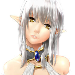Rule 34 | 1girl, bare shoulders, choker, collarbone, elf, head tilt, highres, hiko (hiko224556), jewelry, looking at viewer, parted lips, pointy ears, silver hair, simple background, solo, white background, yellow eyes