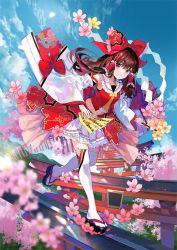 Rule 34 | 1girl, ascot, bare shoulders, bow, brown eyes, brown hair, cherry blossoms, closed mouth, day, detached sleeves, full body, fuzichoco, gohei, hair bow, hair tubes, hakurei reimu, highres, japanese clothes, long hair, navel, nontraditional miko, ofuda, red bow, sidelocks, smile, solo, thighhighs, touhou, white thighhighs, wide sleeves, yellow ascot