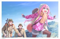 Rule 34 | 1girl, 2boys, :d, backpack, bag, blue eyes, blue sky, border, brown pantyhose, coat, dated, day, fingerless gloves, gloves, green jacket, grey gloves, grey shorts, gun, helmet, horikou, jacket, kagamihara nadeshiko, pantyhose under shorts, long sleeves, military, military jacket, military uniform, mountain, multiple boys, open mouth, outdoors, outstretched arms, pantyhose, pink coat, pink hair, real life, rifle, scarf, shorts, signature, sky, smile, soldier, soviet, soviet army, spread arms, tent, uniform, weapon, white border, winter clothes, winter coat, yurucamp