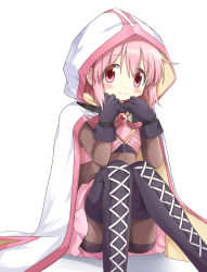 Rule 34 | 1girl, absurdres, bike shorts, black footwear, black gloves, bodystocking, boots, chain, cloak, closed mouth, cosplay, cross-laced footwear, dot nose, feet out of frame, flat chest, gloves, hair between eyes, hands up, happy, highres, hood, hood up, kaname madoka, knees together feet apart, light blush, light smile, looking at viewer, magia record: mahou shoujo madoka magica gaiden, mahou shoujo madoka magica, pink eyes, pink hair, pink skirt, rikopin, shadow, simple background, sitting, skirt, solo, soul gem, tamaki iroha, tamaki iroha (cosplay), tareme, thigh boots, thighhighs, white background, white cloak