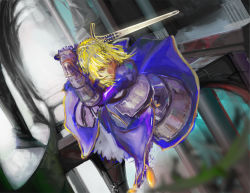 Rule 34 | 1girl, armor, armored dress, artoria pendragon (all), artoria pendragon (fate), bad id, bad pixiv id, blonde hair, excalibur (fate/stay night), fate/stay night, fate (series), faulds, faux traditional media, full armor, gauntlets, hair bun, saber (fate), short hair, single hair bun, solo, sword, vanink, weapon, yellow eyes