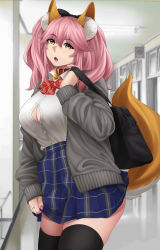 Rule 34 | 1girl, animal ear fluff, animal ears, bag, bell, black thighhighs, blue skirt, bow, bowtie, breasts, cardigan, collar, collared shirt, dress shirt, fate/extra, fate (series), fox ears, fox girl, fox tail, grey sweater, hair between eyes, hair bow, highres, jingle bell, large breasts, long hair, long sleeves, looking at viewer, nail polish, open cardigan, open clothes, open mouth, pink hair, plaid, plaid skirt, school bag, school uniform, shirt, sidelocks, skirt, sockinajar, solo, sweater, tail, tamamo (fate), tamamo no mae (fate/extra), thighhighs, thighs, twintails, white shirt, yellow eyes