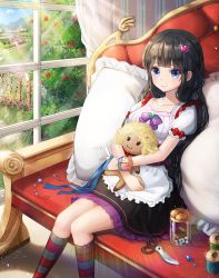 Rule 34 | 1girl, apron, bad id, bad pixiv id, black hair, blue ribbon, blue sky, blunt bangs, bow, breasts, bush, closed mouth, cloud, cloudy sky, collarbone, couch, day, doll, dress, frilled pillow, frilled skirt, frills, gem, glint, grass, hair ornament, hairclip, heart, heart hair ornament, holding, holding doll, holding ribbon, house, indoors, kneehighs, looking at viewer, medium breasts, mountain, original, pillow, puffy short sleeves, puffy sleeves, ribbon, roang, scissors, short sleeves, sitting, skirt, sky, smile, socks, solo, striped bow, striped clothes, striped socks, waist apron, white apron, window