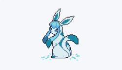 Rule 34 | blue theme, commentary, creature, creatures (company), english commentary, full body, game freak, gen 4 pokemon, glaceon, illufinch, looking at viewer, looking back, monochrome, nintendo, no humans, pixel art, pokemon, pokemon (creature), simple background, sitting, solo, white background