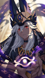 Rule 34 | 1boy, animal hat, black choker, black hat, blurry, blurry background, choker, cyno (genshin impact), dark-skinned male, dark skin, dated, egyptian clothes, eye of horus, genshin impact, gold trim, hair between eyes, hat, highres, long hair, looking at viewer, male focus, open hand, parted lips, red eyes, short sleeves, signature, solo, tuanzimiao1, upper body, white hair