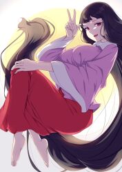 Rule 34 | 1girl, barefoot, black hair, blunt bangs, breasts, floating, full body, full moon, hand on own knee, highres, houraisan kaguya, long hair, long skirt, looking at viewer, mirufui, moon, open mouth, pink shirt, red eyes, red skirt, shirt, skirt, smile, solo, touhou, v, very long hair, wide sleeves