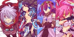 Rule 34 | 1boy, 3girls, ahoge, android, angel wings, blood, blood on face, blue eyes, breasts, spiked halo, couronne (no game no life), crop top, cross, crying, feathered wings, fingerless gloves, gloves, goggles, goggles on head, hair between eyes, halo, highres, injury, jibril (no game no life), large breasts, long hair, low wings, magic circle, mechanical parts, midriff, multiple girls, navel, no game no life, open mouth, pink hair, purple hair, red eyes, red hair, riku (no game no life), scarf, short hair, shuvi (no game no life), sideboob, silver hair, symbol-shaped pupils, tattoo, very long hair, white wings, wing ears, wings, yellow eyes, yuiti hinata