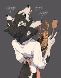 Rule 34 | 3boys, apron, black fur, black sclera, blue eyes, body fur, cerberus, claws, colored sclera, cooking, dog boy, drooling, fangs, fire, frying pan, furry, furry male, grey background, highres, holding, holding frying pan, holding spatula, juanmao, long sleeves, looking at viewer, looking back, multiple boys, multiple heads, original, pink apron, sharp teeth, shirt, sleeves pushed up, spatula, tail, teeth, tongue, tongue out, white fur, white shirt