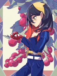 Rule 34 | 1girl, belt, berry, black hair, blue pants, border, carmine (pokemon), closed mouth, colored inner hair, commentary request, creatures (company), game freak, grey background, hairband, highres, holding, holding poke ball, keeno-ringo46, leaf, mole, mole under eye, multicolored border, multicolored hair, nintendo, pants, poke ball, pokemon, pokemon sv, red hair, solo, standing, two-tone hair, yellow eyes, yellow hairband