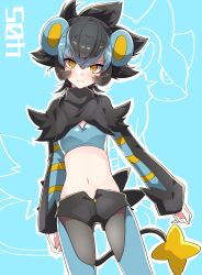 Rule 34 | 1girl, animal ears, aqua background, black capelet, black hair, black pantyhose, black shorts, blue hair, blue pantyhose, blue shirt, breasts, capelet, closed mouth, commentary, cowboy shot, creatures (company), crop top, eyeshadow, fang, frown, game freak, gen 4 pokemon, hair between eyes, highres, legs apart, long sleeves, looking at viewer, luxray, makeup, midriff, multicolored hair, navel, nintendo, open fly, pantyhose, personification, pokedex number, pokemon, pokemon (creature), shirt, short hair, short shorts, shorts, sidelocks, sleeves past wrists, small breasts, standing, stomach, tail, takeshima eku, two-tone hair, two-tone legwear, v-shaped eyebrows, yellow eyes