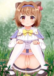 Rule 34 | 1girl, animal ears, anus, black footwear, blush, bow, bowtie, breasts, brown eyes, brown hair, capelet, cat ears, cat girl, cleft of venus, cygames, dress, granblue fantasy, grass, hair bobbles, hair ornament, hairband, hands on own knees, highres, horns, large breasts, looking at viewer, mary janes, michou, panties, panty pull, peeing, pink panties, ponytail, puddle, shoes, short hair, side ponytail, sky, socks, thighhighs, tree, underwear, white dress, white thighhighs, yaia (granblue fantasy), yellow neckwear