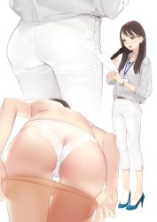 Rule 34 | 1girl, ama mitsuki, ass, blush, brown eyes, brown hair, brown pantyhose, butt crack, commentary, crotch seam, denim, from below, high-waist pants, high heels, holding, holding microphone, holding paper, id card, jeans, lanyard, long hair, long sleeves, microphone, multiple views, office lady, open mouth, original, panties, pants, pantyhose, paper, see-through, standing, swept bangs, underwear, white panties, white pants