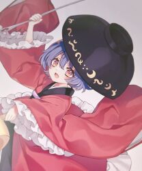 Rule 34 | 1girl, :d, black hat, bowl, bowl hat, cowboy shot, frilled kimono, frilled sleeves, frills, hat, highres, holding, holding mallet, holding needle, japanese clothes, kimono, kyouda suzuka, long sleeves, looking at viewer, mallet, medium hair, miracle mallet, needle, open mouth, purple hair, red eyes, red kimono, smile, solo, sukuna shinmyoumaru, touhou, wide sleeves