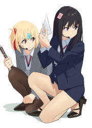 Rule 34 | 2girls, absurdres, alternate costume, black footwear, blonde hair, blue jacket, blue skirt, bob cut, brown pantyhose, clenched hands, commentary, dress shirt, english commentary, flute, formal, grey jacket, hair ribbon, headset, high heels, highres, id card, inoue takina, instrument, jacket, lanyard, looking away, looking to the side, lycoris recoil, microphone, multiple girls, nishikigi chisato, office lady, on one knee, pantyhose, pencil skirt, pumps, recorder, red ribbon, ribbon, set square, shirt, short hair, simple background, sketch, skirt, skirt suit, some1else45, sticky note, strappy heels, striped clothes, striped jacket, suit, thighs, white background, white hair, white shirt