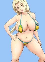 Rule 34 | 1girl, areola slip, bikini, blonde hair, breasts, brown eyes, cleavage, collarbone, covered erect nipples, curvy, facial mark, forehead mark, hand on own hip, highres, huge breasts, long hair, looking at viewer, naruto, naruto (series), navel, open mouth, plump, smile, swimsuit, tof, tsunade (naruto), twintails